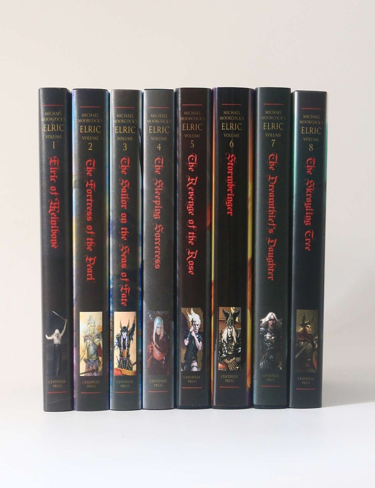 Item #13007 The Elric Books [comprising] Elric of Melnibone, The Fortress of the Pearl, The Sailer on the Seas of Fate, The Sleeping Sorceress, The Revenge of the Rose, Stormbringer, The Dreamthief's Daughter, and The Skrayling Tree. Michael Moorcock.